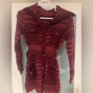 Women’s Burgundy Knit Belted Cardigan Sweater